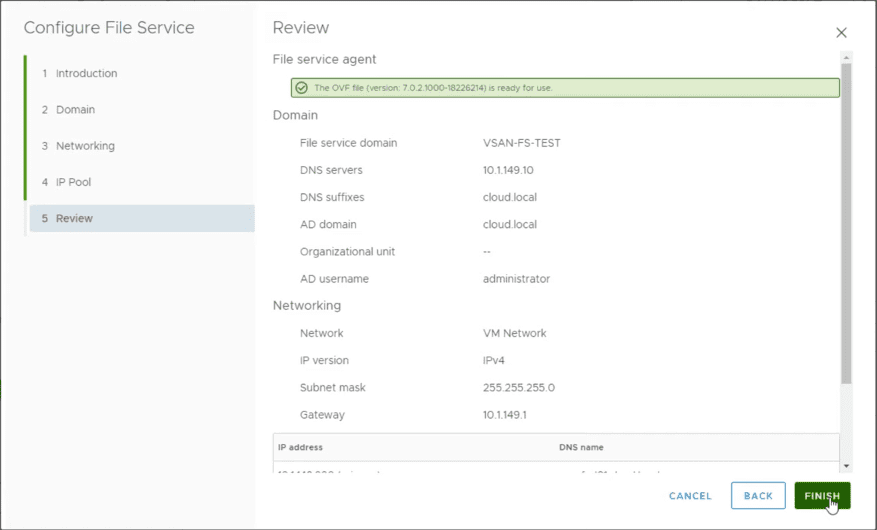 Finish the configuration of vSAN File Service