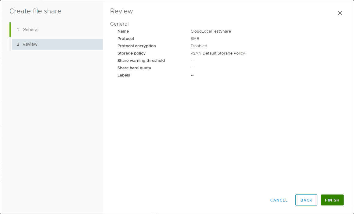 Finishing the Create file share wizard