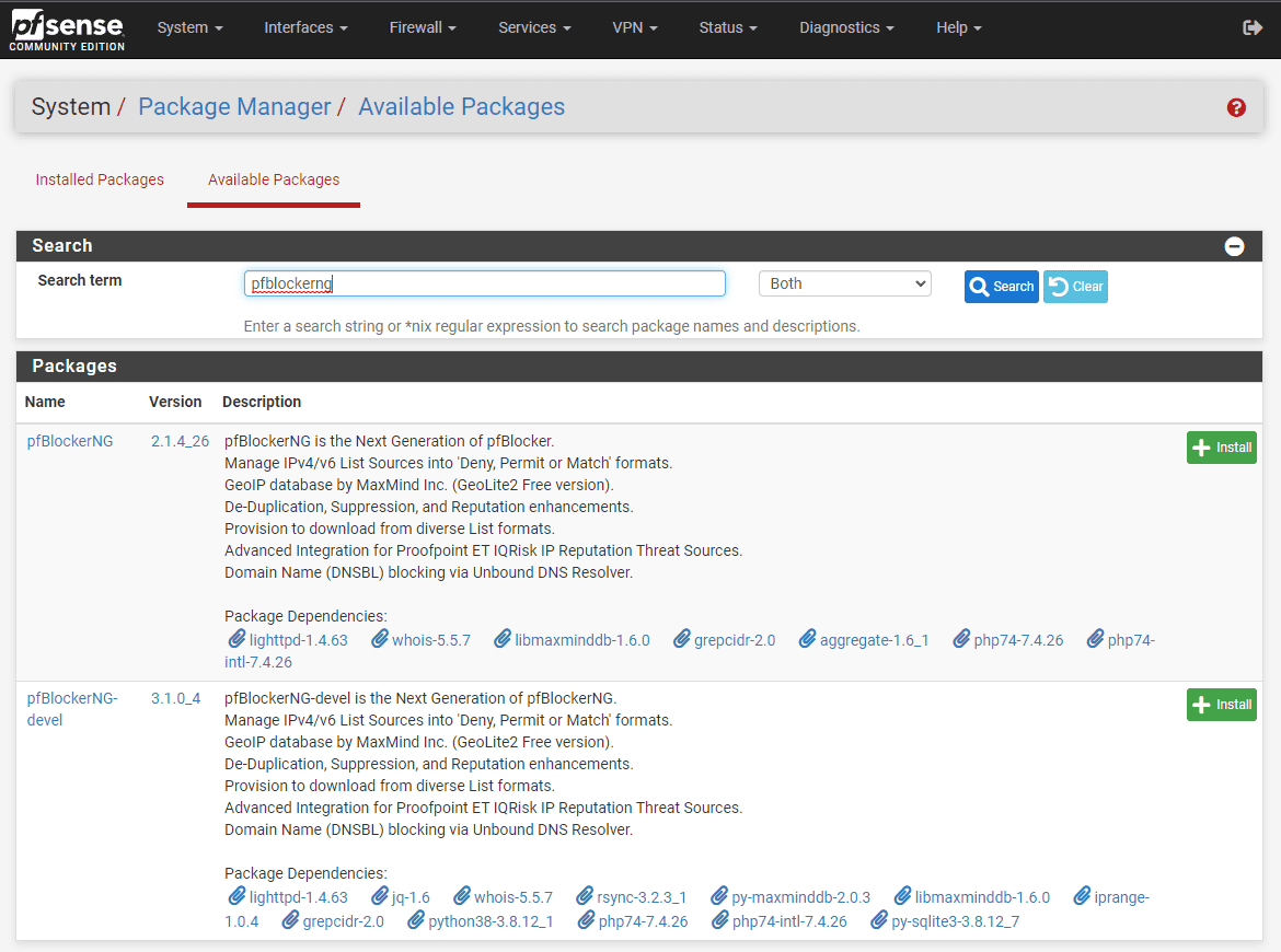 The pfBlockerng module displayed in the package manager in pfSense