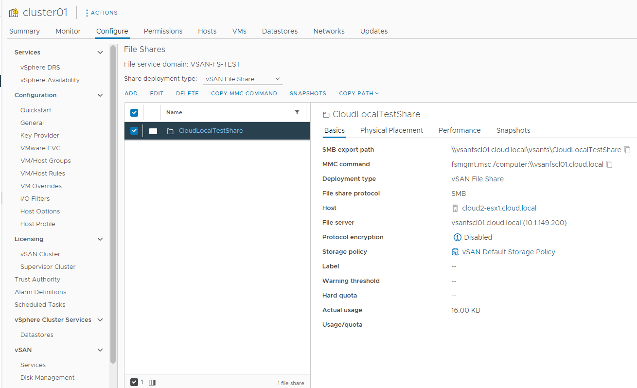 Viewing the vSAN File Share configuration information