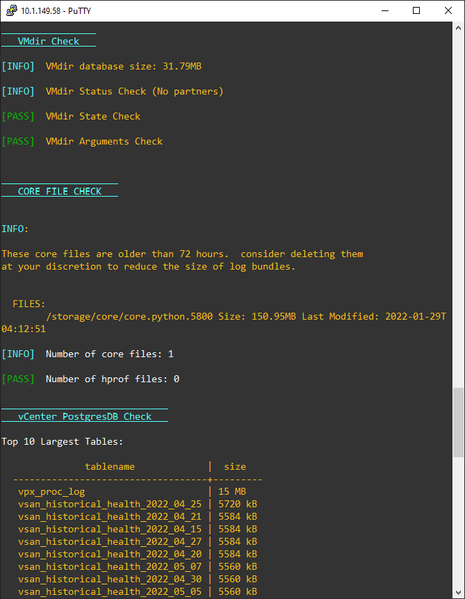 Core file and database check of the vCenter Server appliance