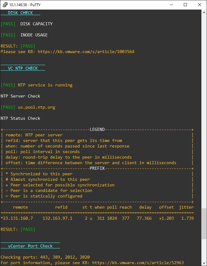 Disk check NTP check and port check of VCSA appliance