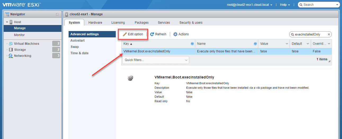 Enabling the execInstalledOnly security option in VMware ESXi