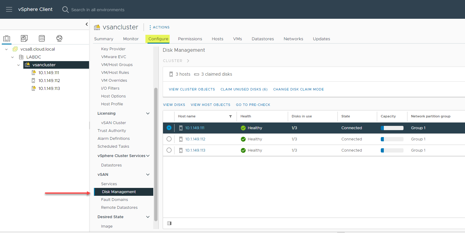 After configuring the vsan esa viewing disks in vsan disk management