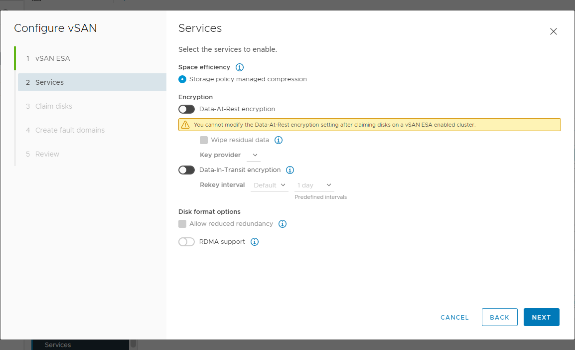 Choose the services to enable with the vsan 8 express storage architecture