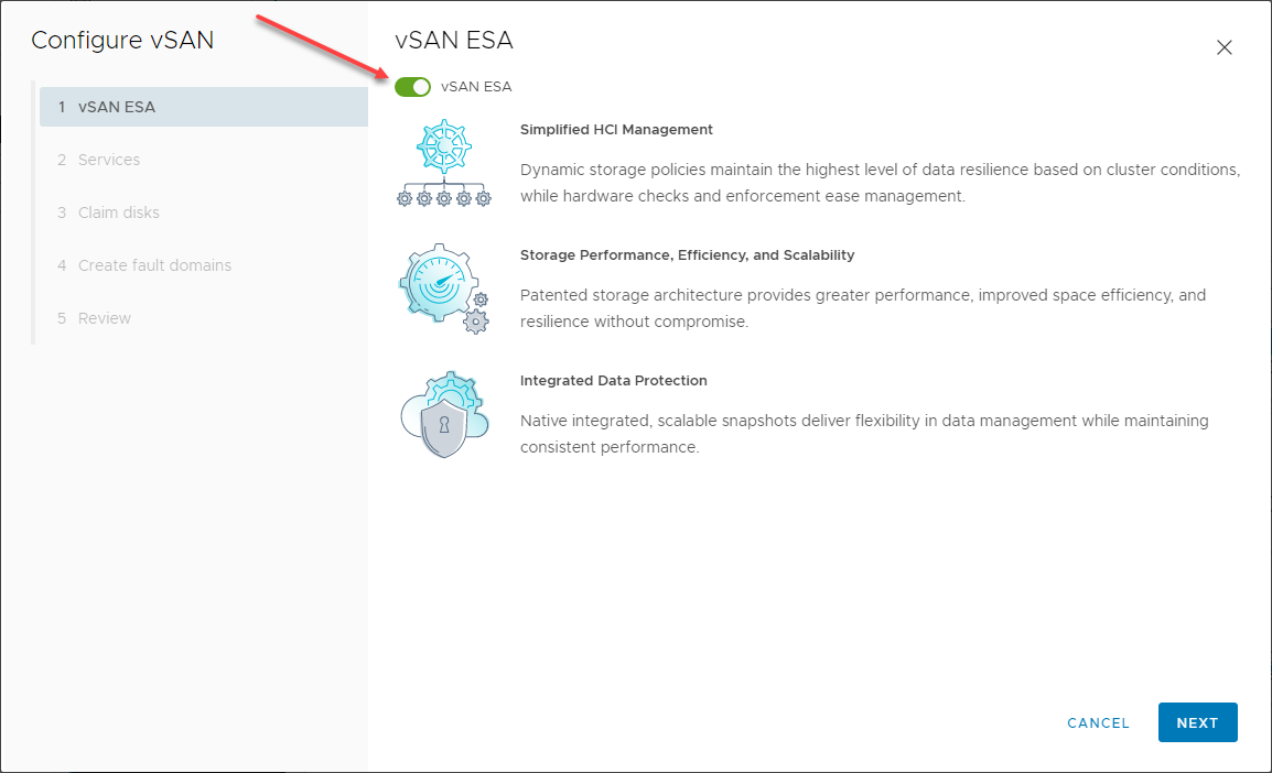 Choosing the vsan esa configuration option