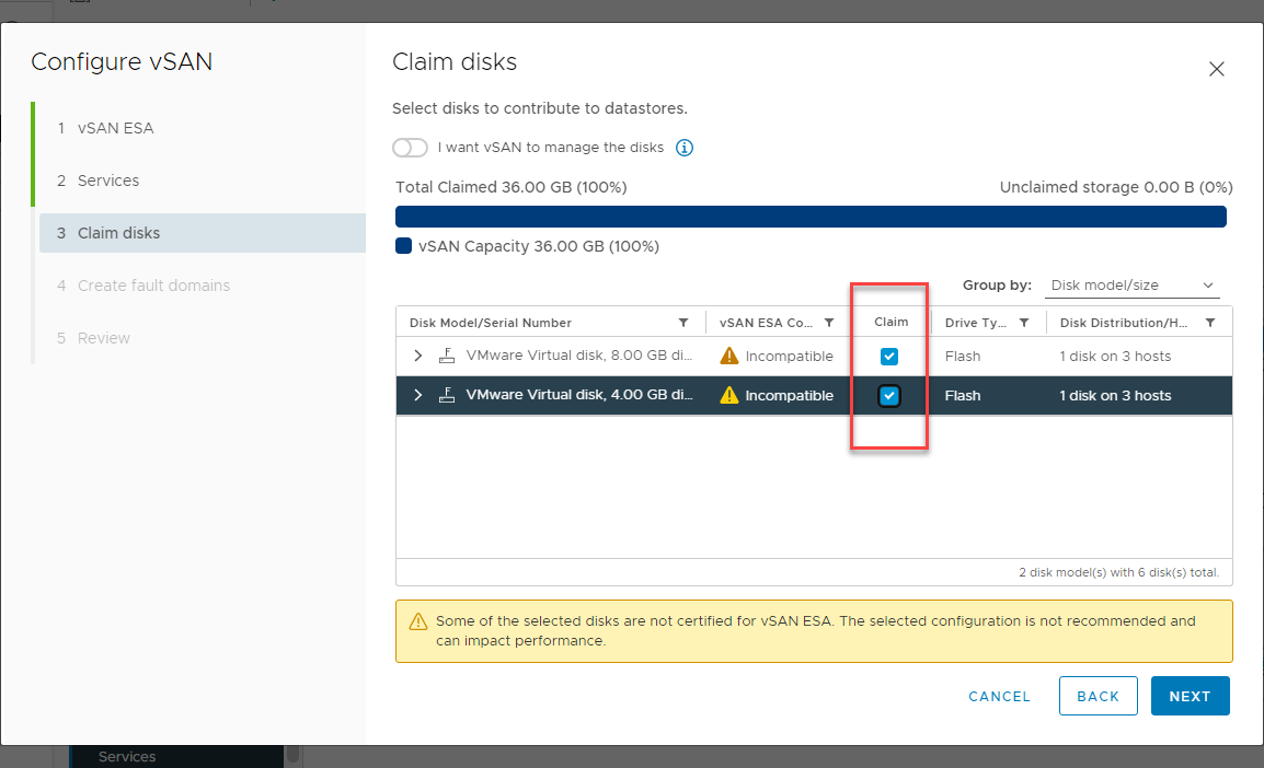 Claim the disks you want to use with the vsan esa