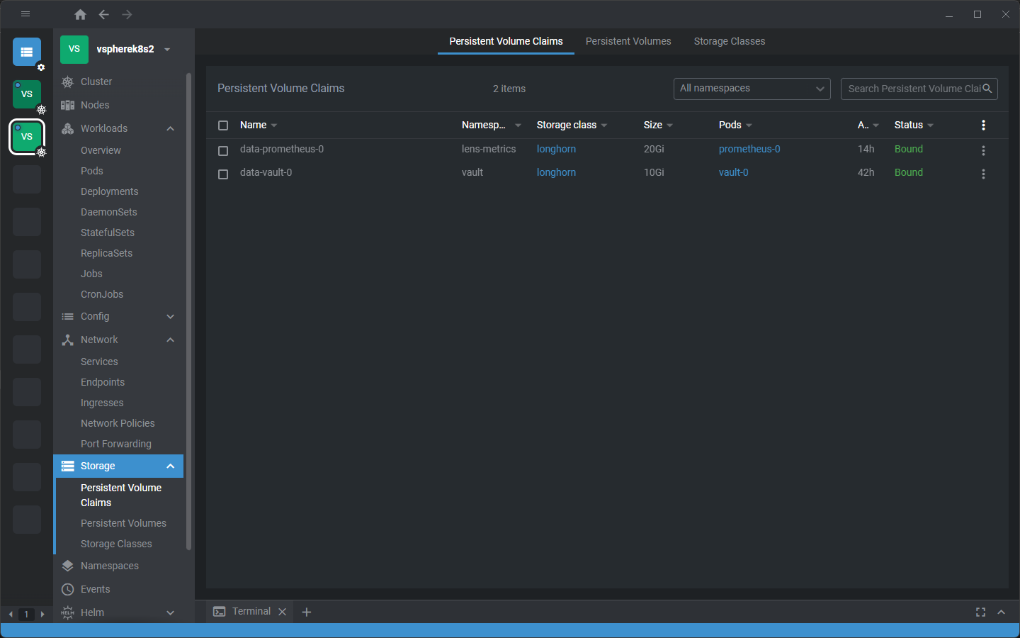 Working with persistent volumes and claims with openlens