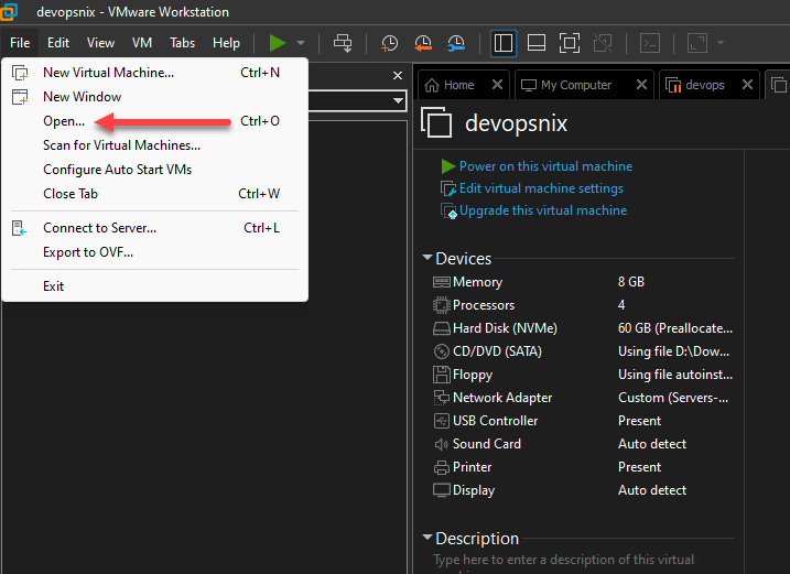 open the new kali linux files from vmware workstation
