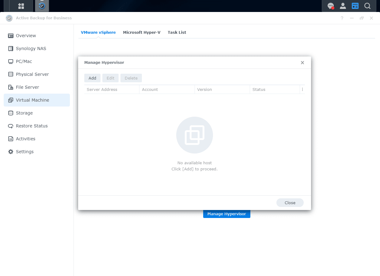 Adding a hypervisor connection in Synology Active Backup