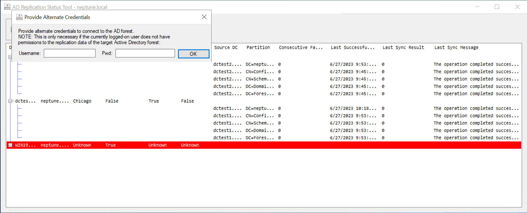 Entering alternate credentials for accessing AD