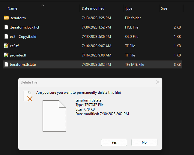 Deleting the Terraform state file