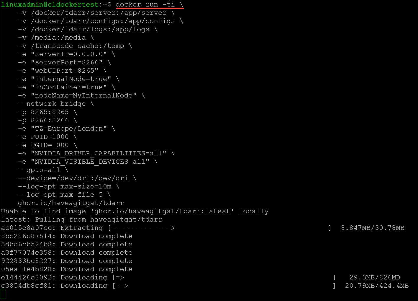Running the Tdarr Docker container using the Docker run command