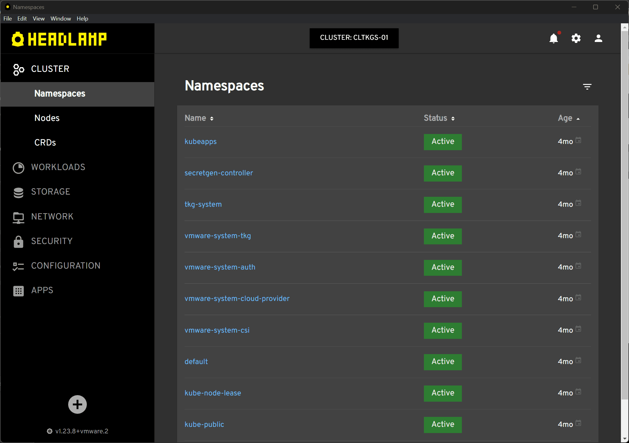 Viewing Kubernetes namespaces using Headlamp