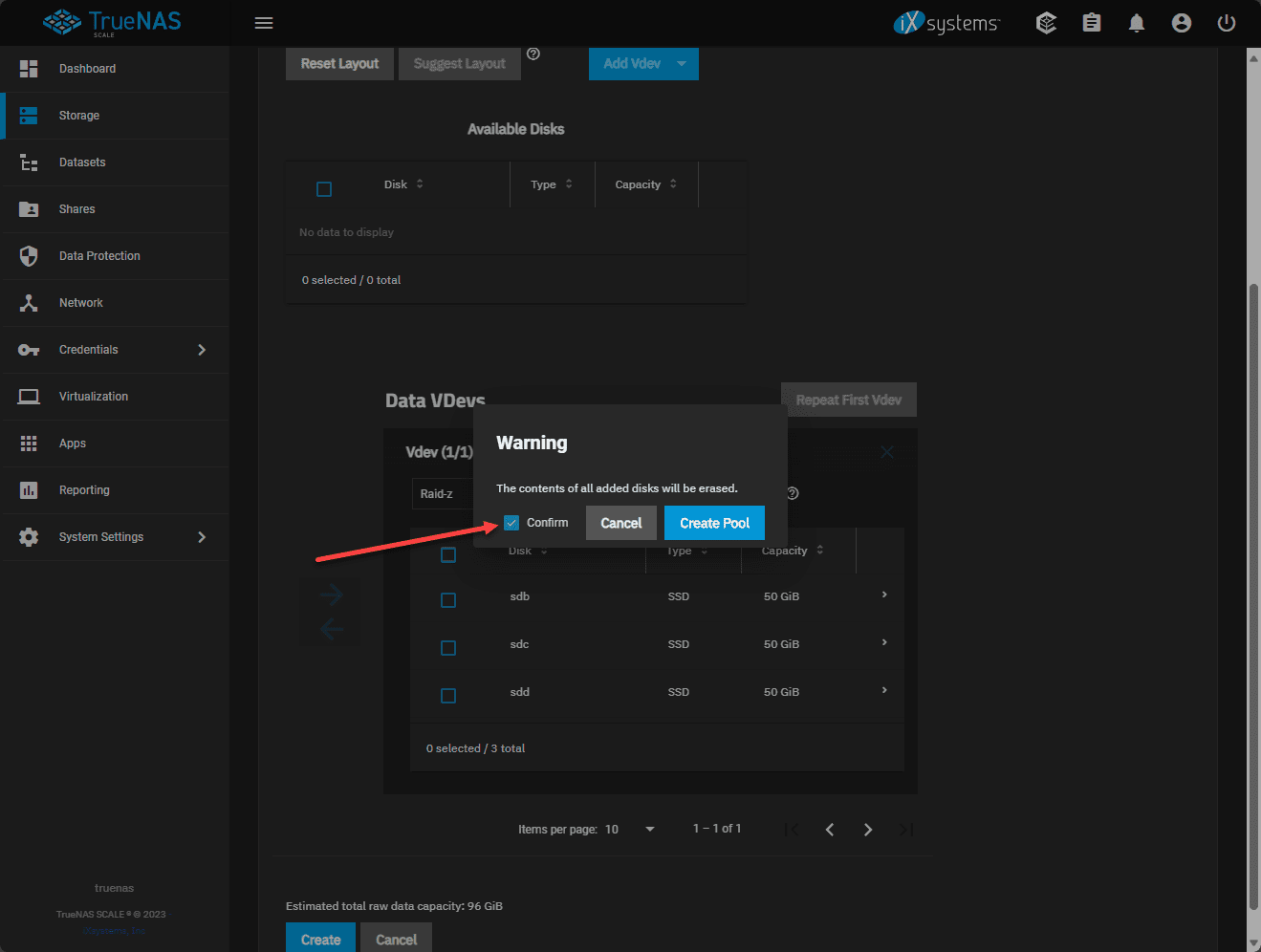 Confirm the truenas scale disks will be erased