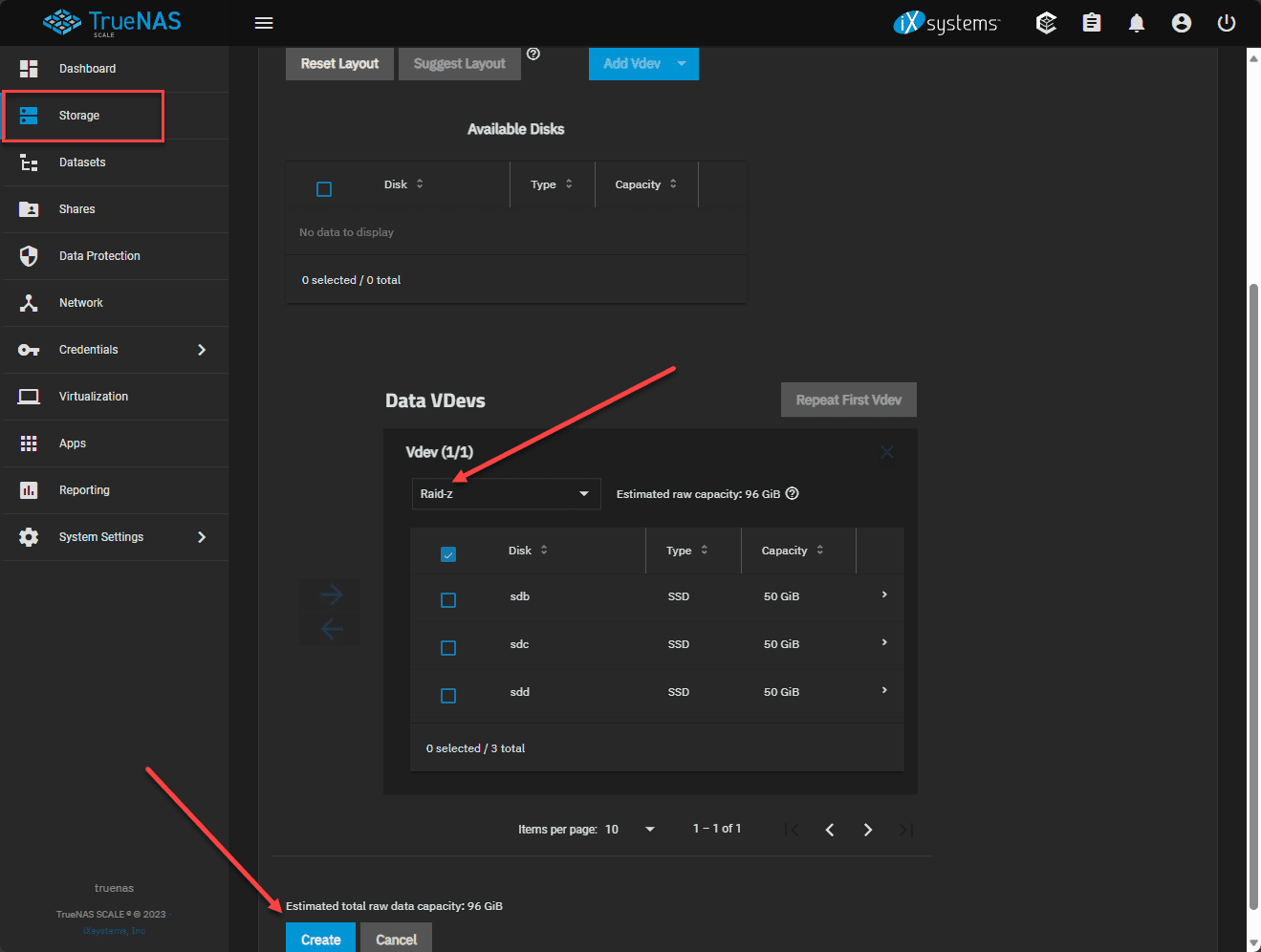 Disks added to the storage pool and ready to create