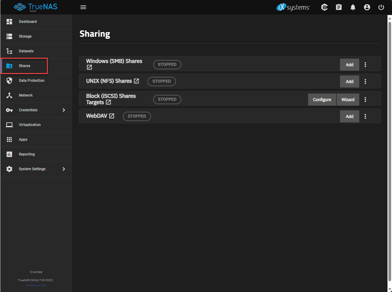 Viewing data sharing options in truenas scale