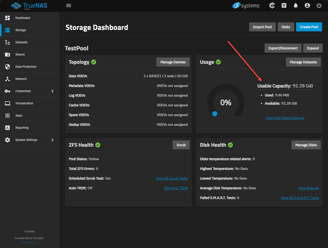 Viewing useable space in truenas scale