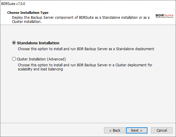 Choose the bdrsuite v7.0.0 installation type