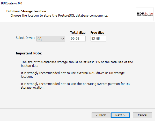 Configure the database storage location for bdrsuite v7.0.0