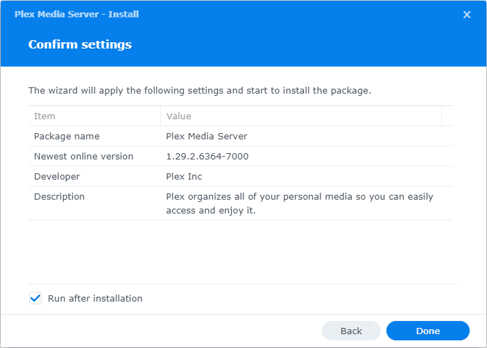 Confirm plex installation settings