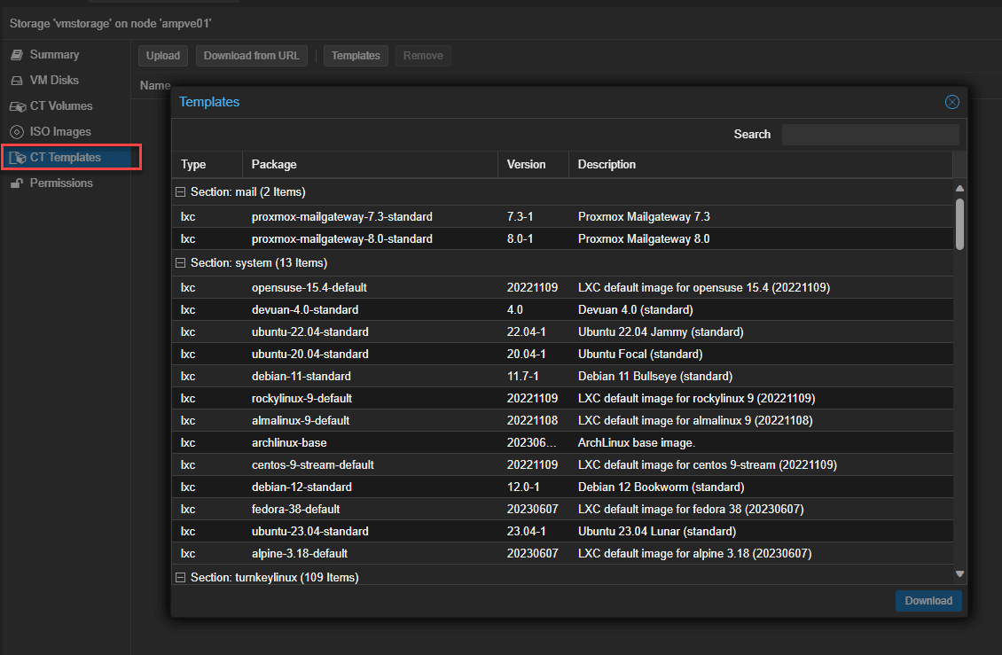 Container templates available in proxmox