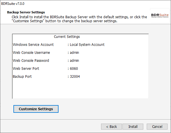 Customize the bdrsuite v7 backup settings