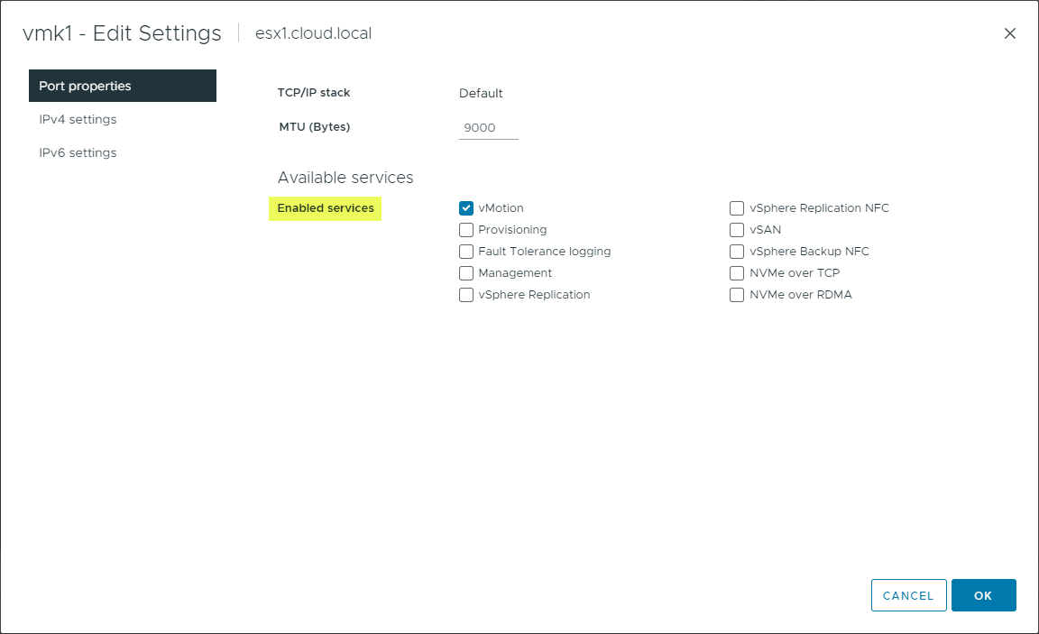 Enabled services on a vmkernel adapter