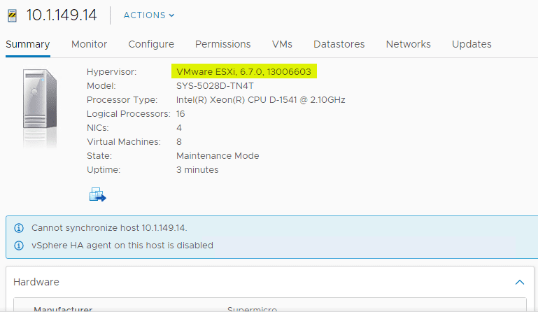 After upgrading the esxi host to vsphere 6.7 update 2 version is 13006603