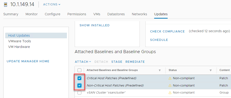 With both baselines selected now ready to remediate the esxi host to vsphere 6.7 update 2
