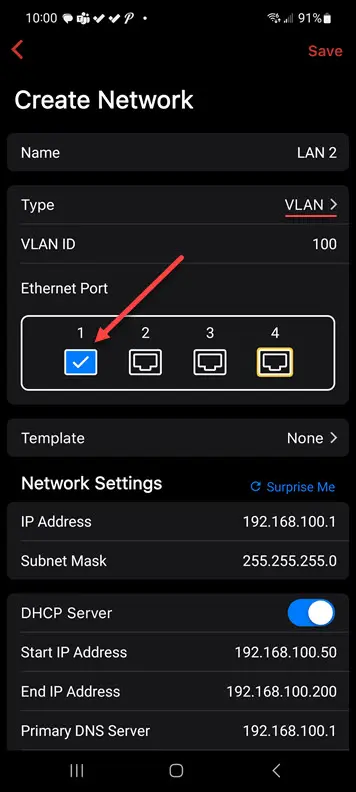 Create a network screen and choosing ports