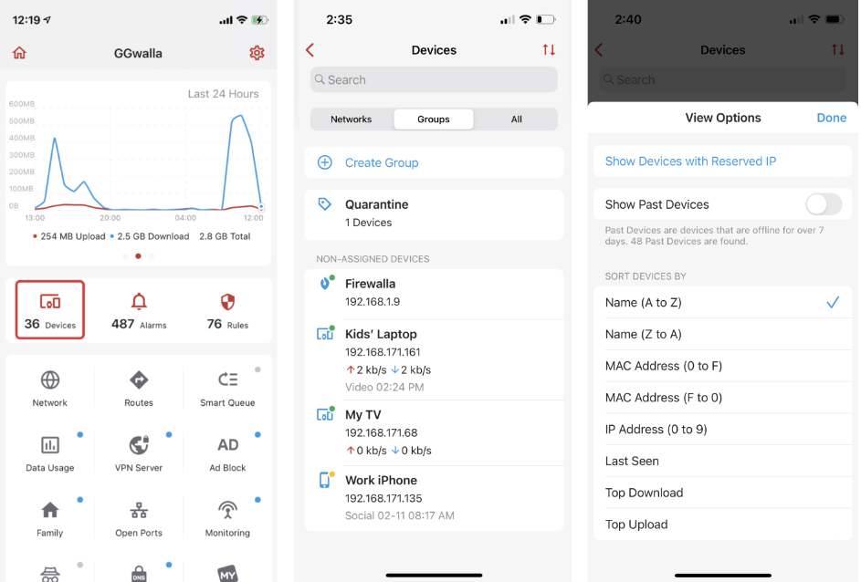 Device sorting and filtering in the firewalla mobile app