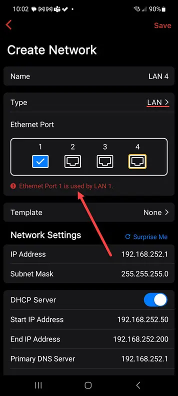Error when you choose lan for a port that is already a member of another network