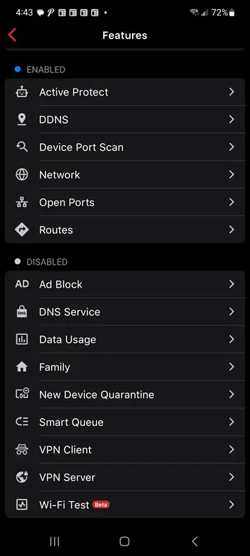 Viewing enabled and disabled features for the firewalla gold se review unit
