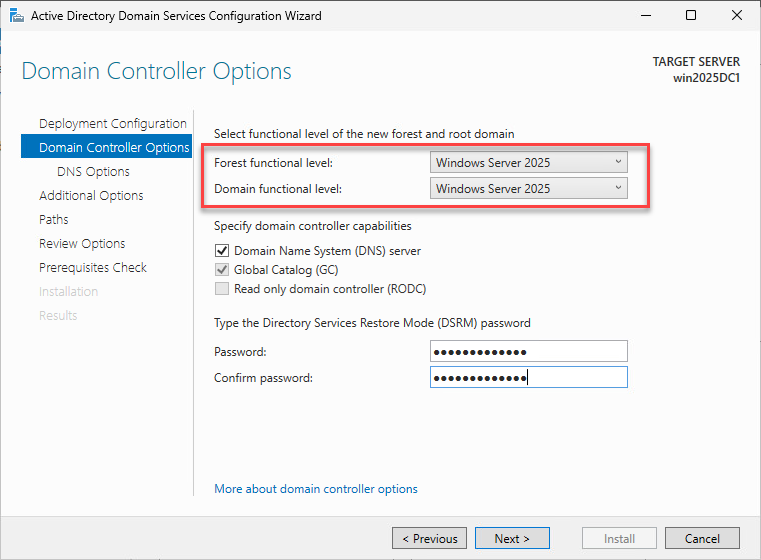 New windows server 2025 domain and forest functional level