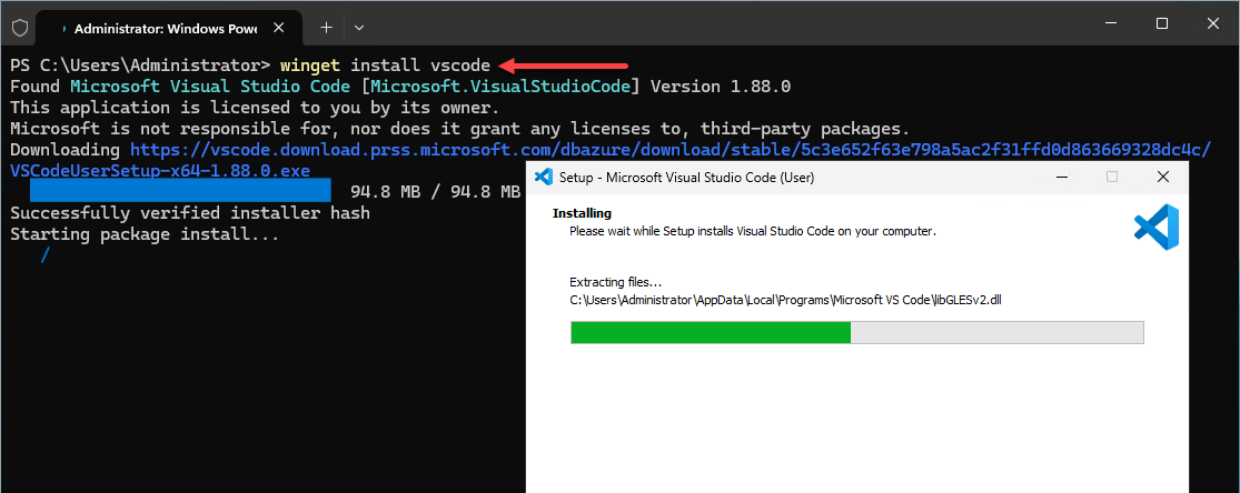 Installing vscode application using winget