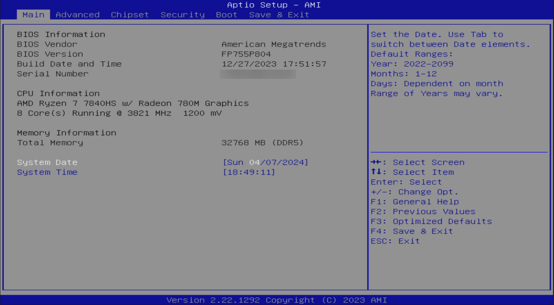 One of the bios configuration screens of the trigkey s7 pro