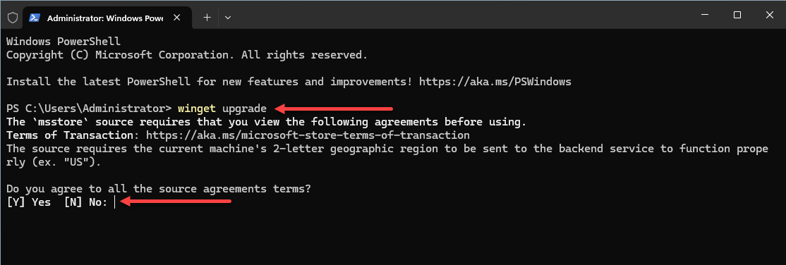 Running the winget upgrade command