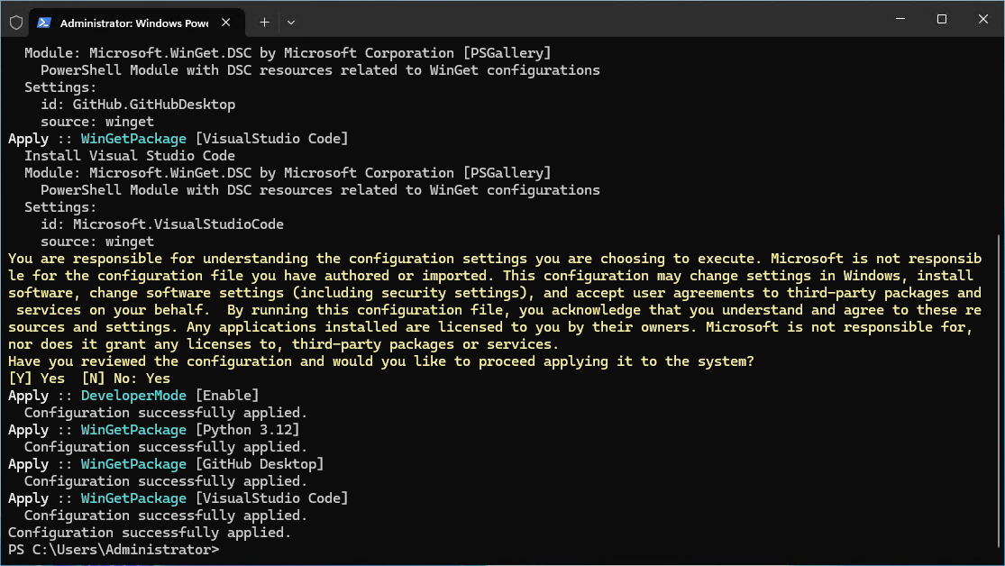 The winget configure command completes successfully