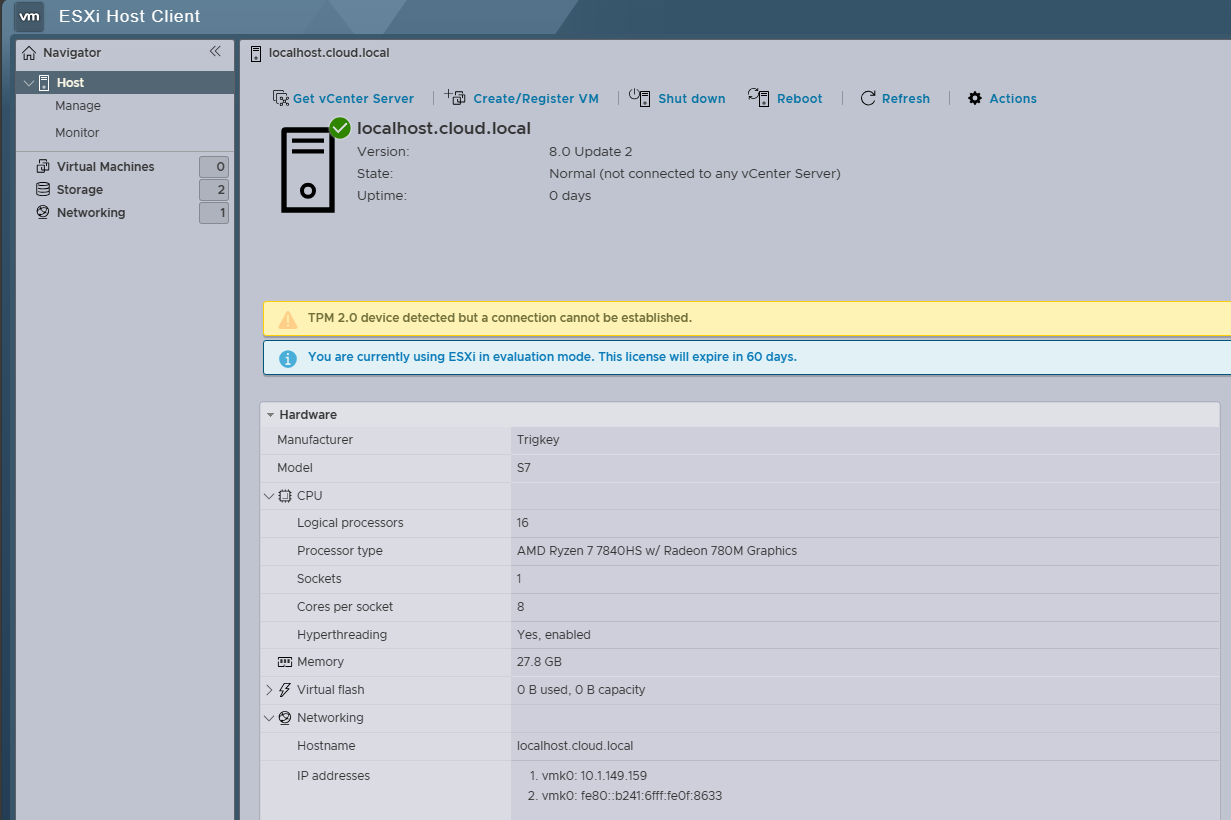Viewing the vmware esxi host client running on the trigkey s7 pro