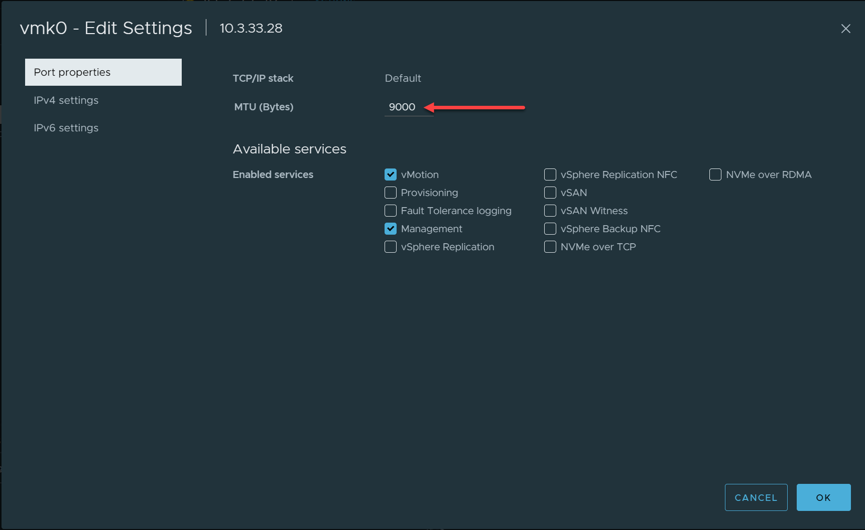 Jumbo frames configured on the vmkernel port