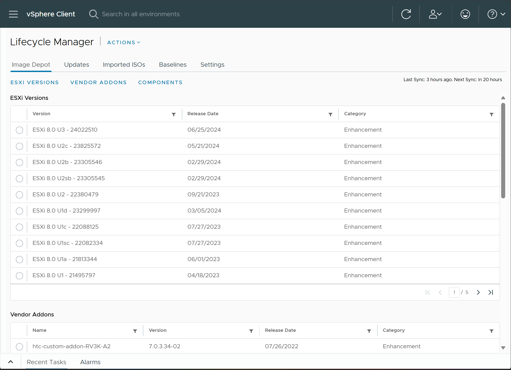 Viewing the available images in the lifecycle manager in vcenter server