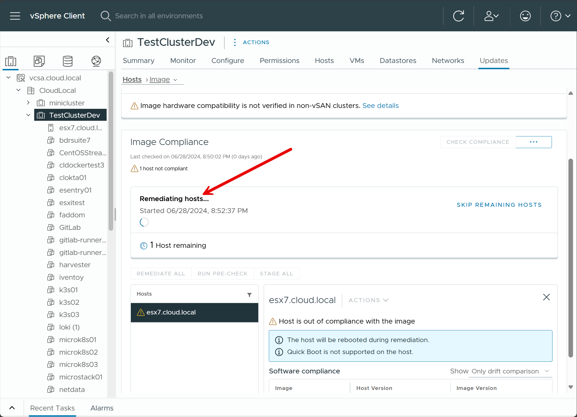 Hosts begin remediating to align with the new esxi image