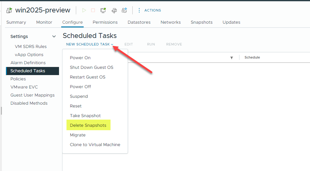 Selecting the delete snapshots in scheduled tasks