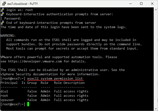 Checking vim permissions on esxi host