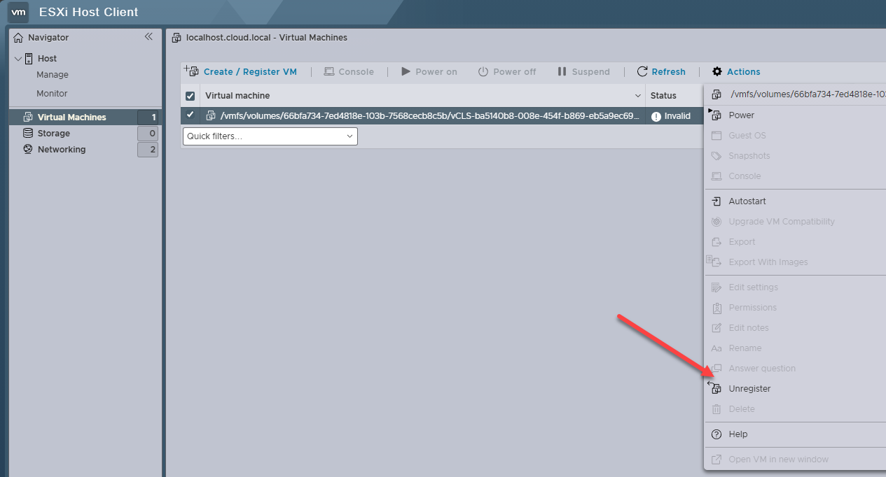 Removing the vcls vm in the esxi host client