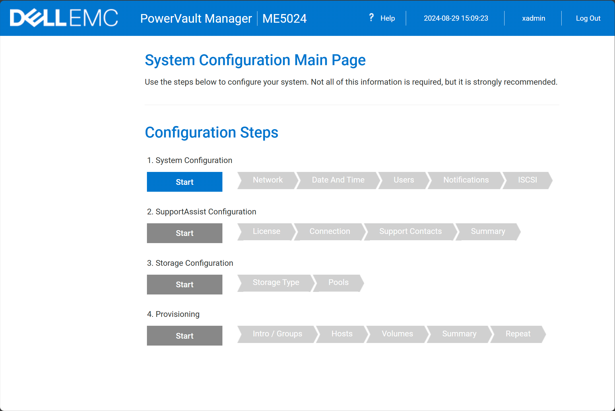 Starting the system configuration on the powervault me5024