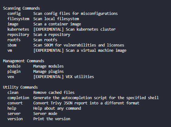 Trivy scanner commands and parameters