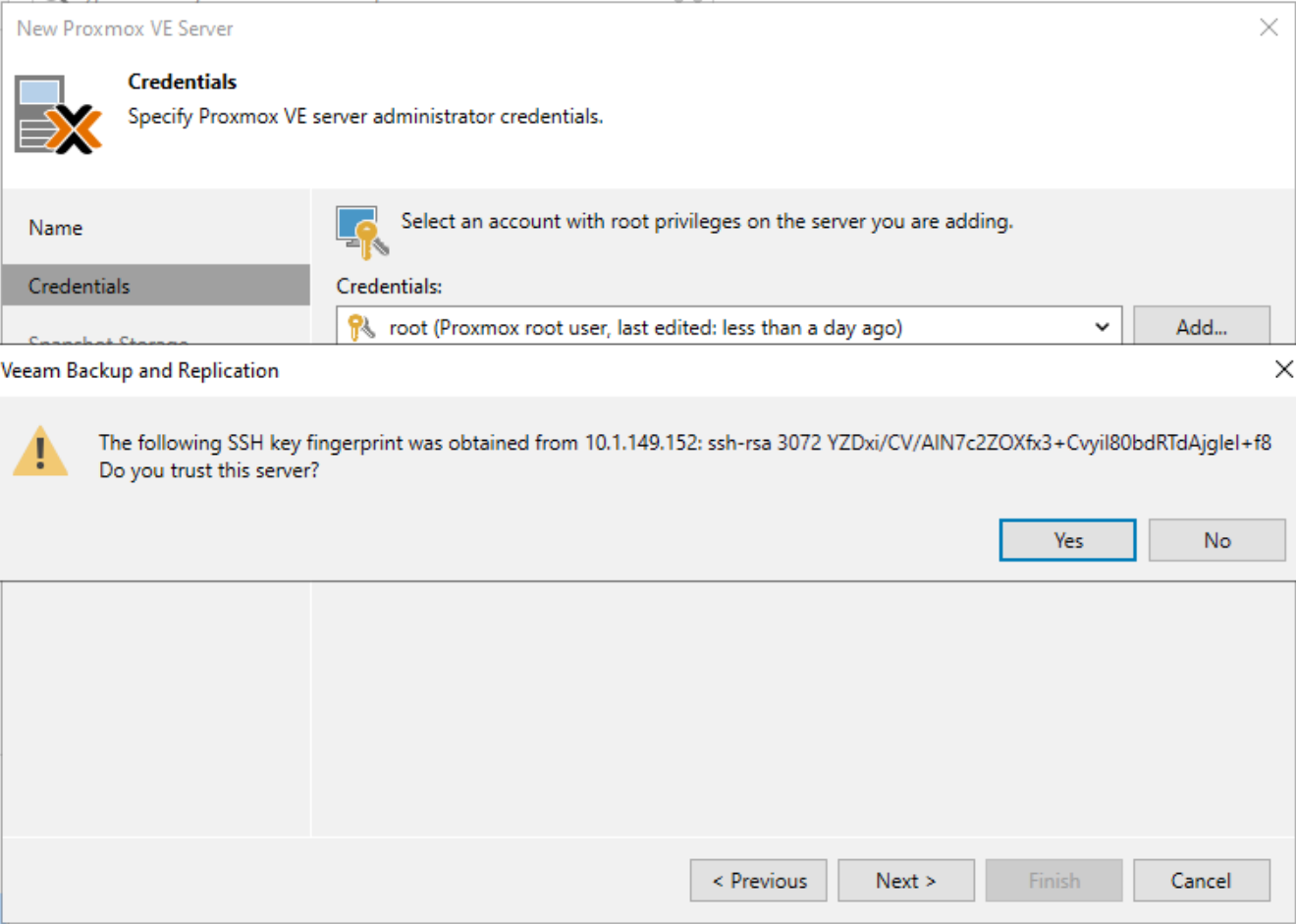Accept adding the ssh key for your proxmox ve server host