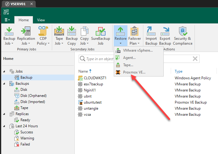 Choose to restore a proxmox ve server backup